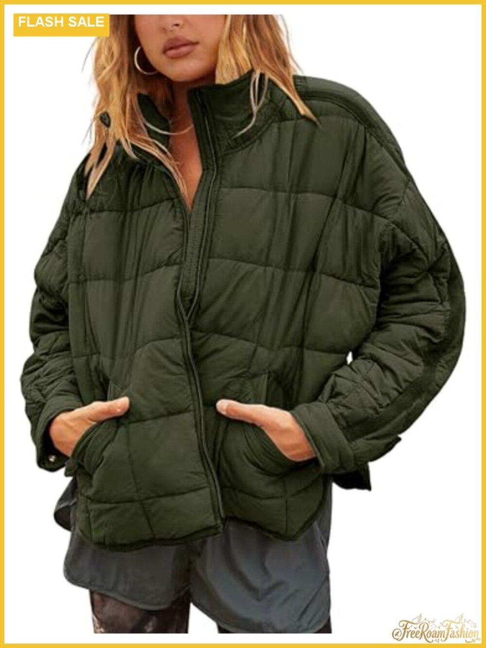 Oversized Quilted Lightweight Puffer Jacket Button Cuffs Stand Collar